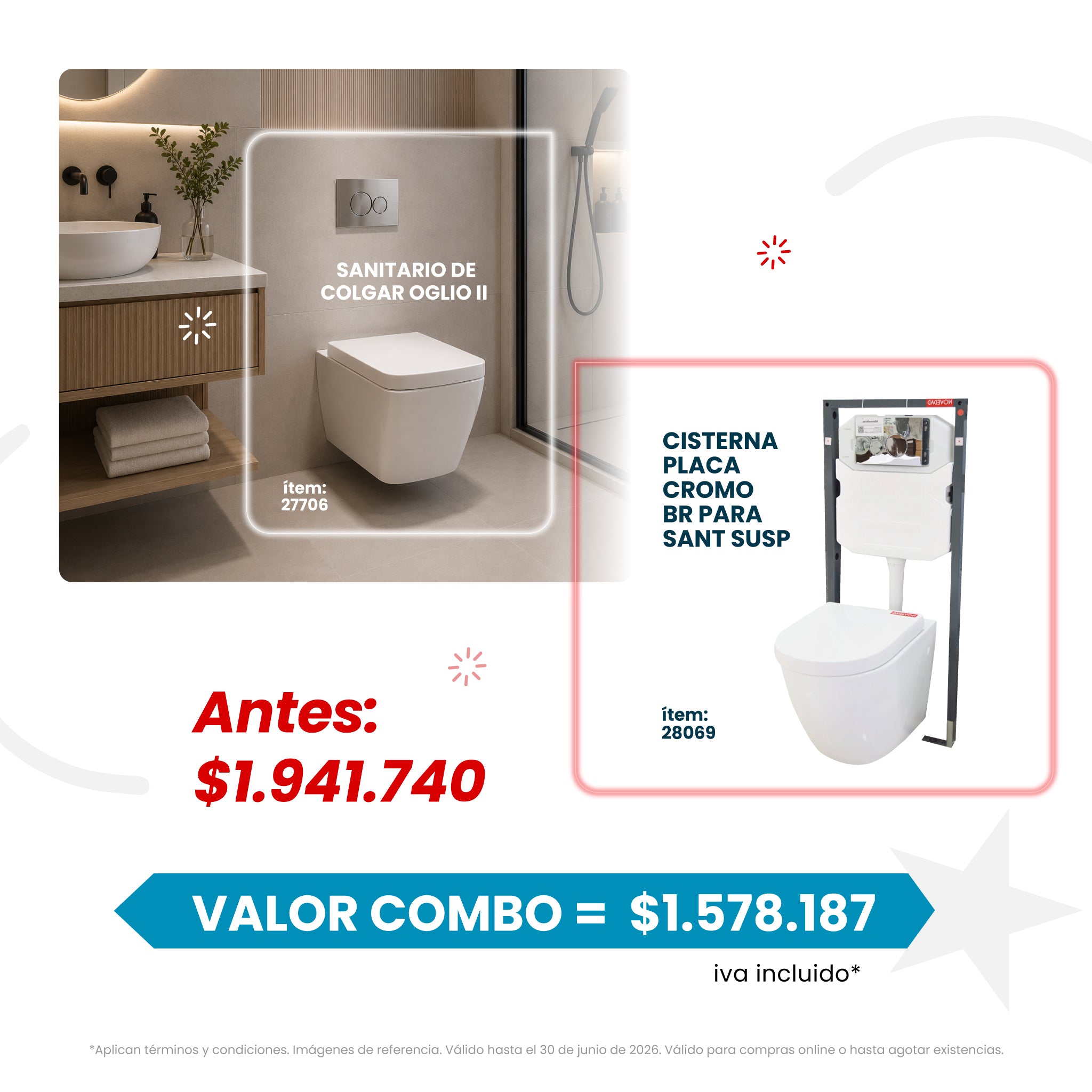 COMBO Sanitario de Colgar Oglio II + Cisterna Placa Cromo BR Para Sant Susp