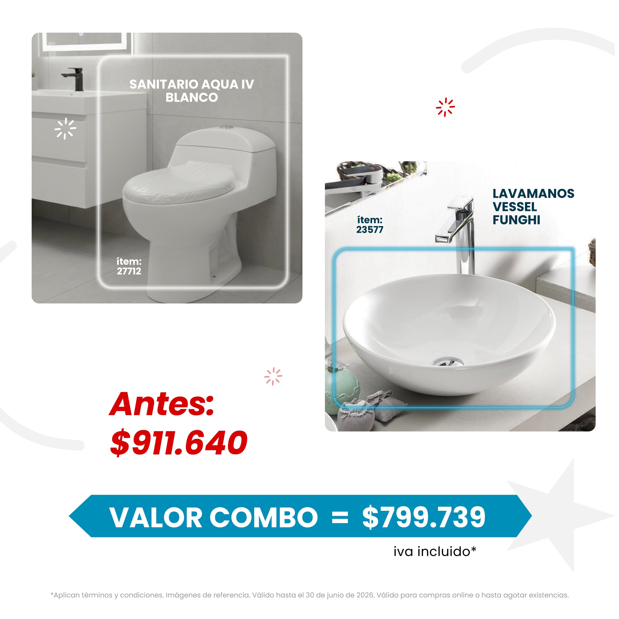 COMBO Sanitario Aqua IV Blanco + Lavamanos Vessel Funghi