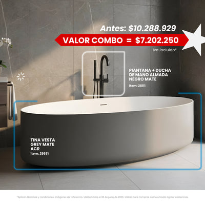 COMBO Tina Vesta Grey Mate ACR + Piantana + Ducha de Mano Almada Negro Mate
