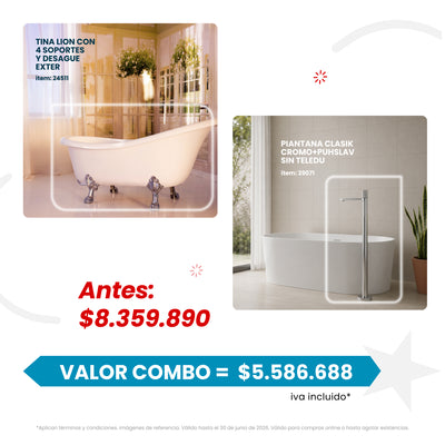 COMBO Tina Lion Con 4 Soportes y Desague Exter + Piantana Clasik Cromo + Puhslav Sin Teledu